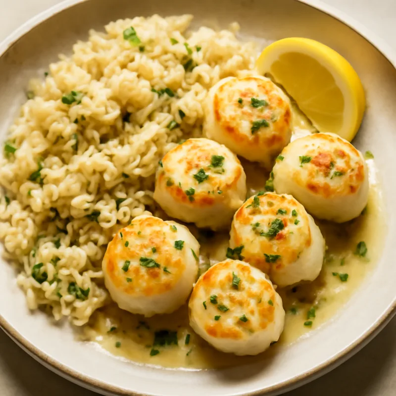 Broiled Sea Scallops With Lemon Butter And Rice Pilaf