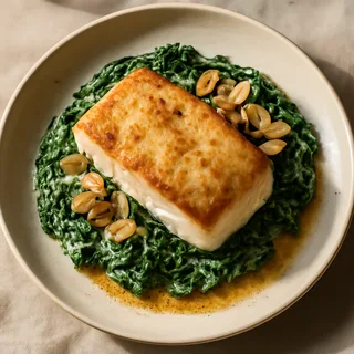 Butter-Basted Halibut With Creamed Spinach And Almonds