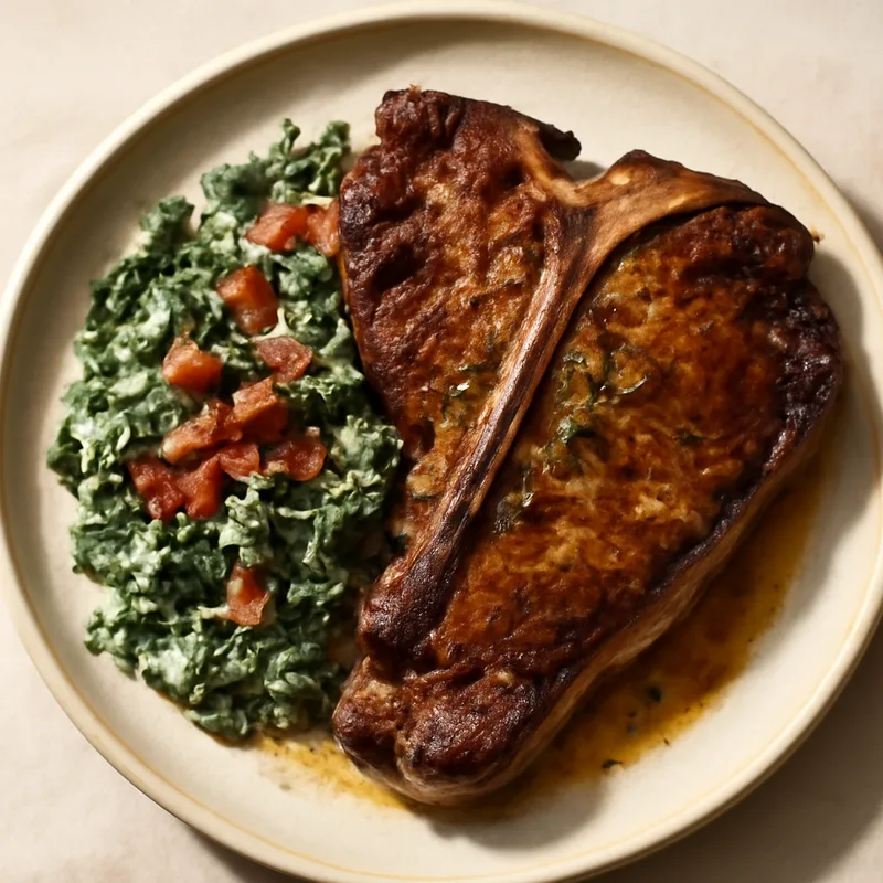 Butter-Basted Porterhouse Steak With Creamed Kale And Crisp Bacon