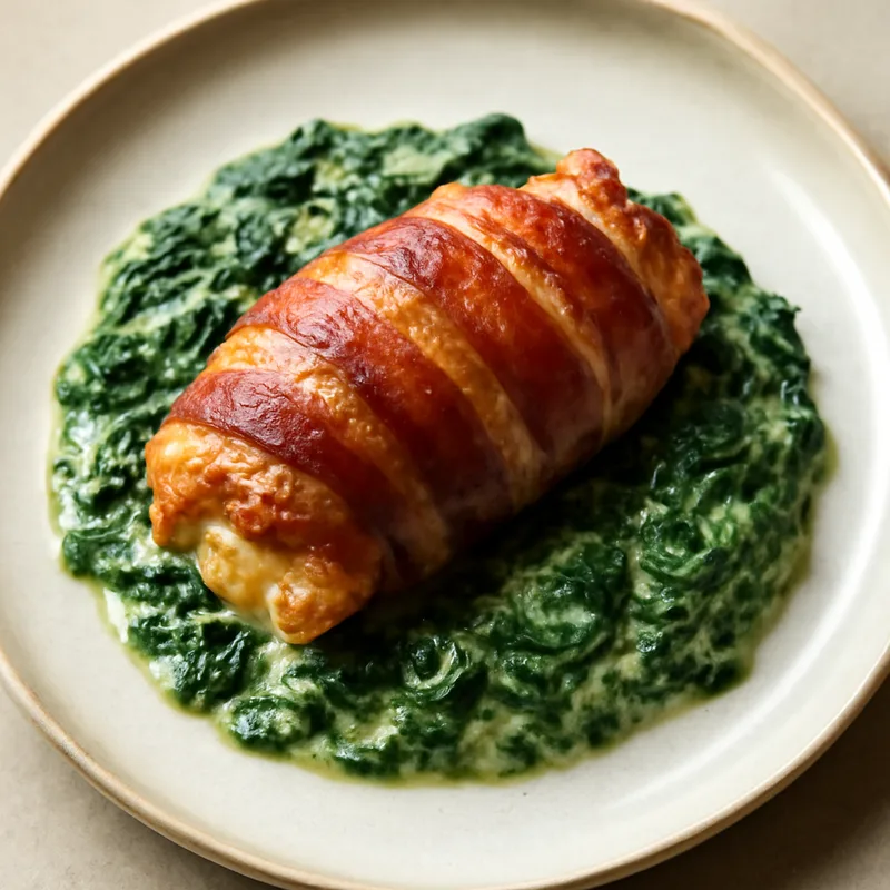 Cheddar-Stuffed Chicken Thighs Wrapped In Bacon With Creamed Spinach