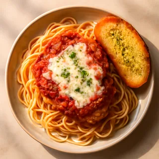 Chicken Parmesan Over Spaghetti With Garlic Bread