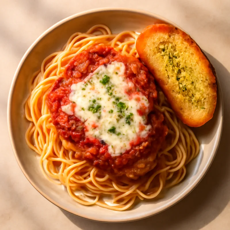 Chicken Parmesan Over Spaghetti With Garlic Bread