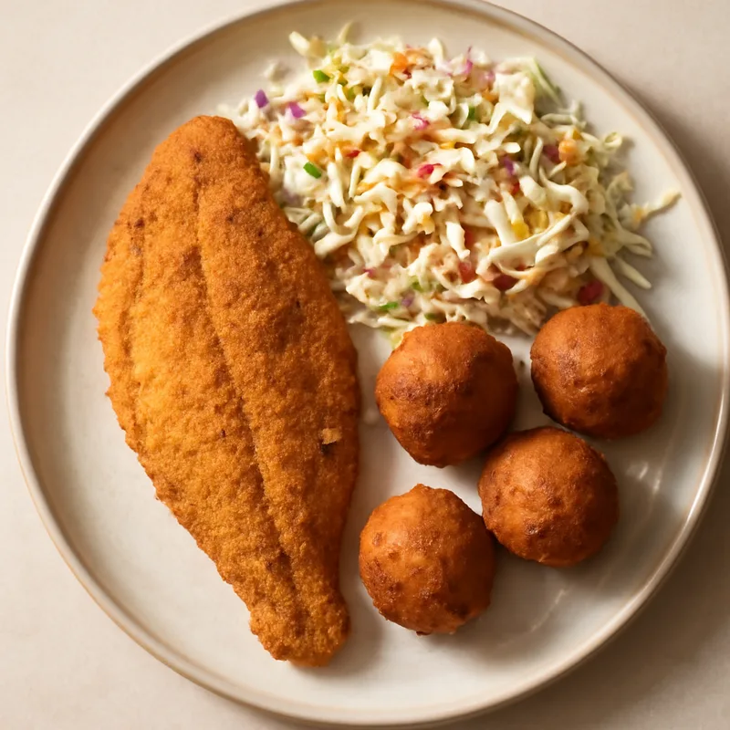 Cornmeal-Crusted Catfish With Hush Puppies And Coleslaw