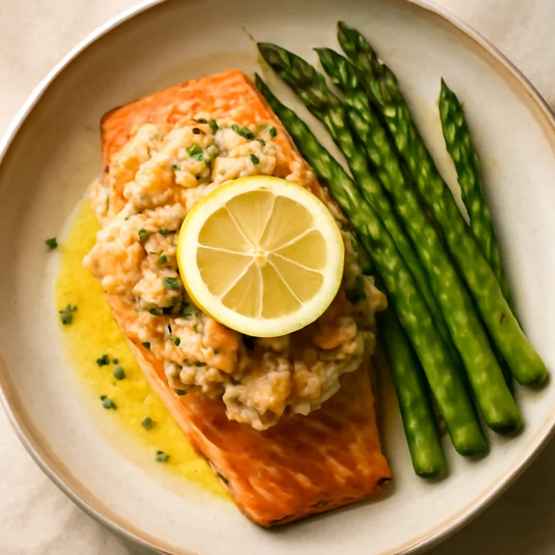 Crab-Stuffed Salmon With Lemon Butter And Asparagus