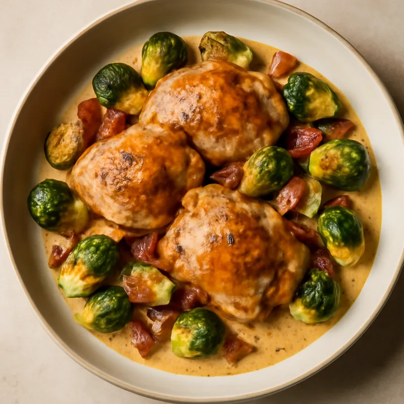 Creamy Dijon Chicken Thighs With Bacon And Brussels Sprouts