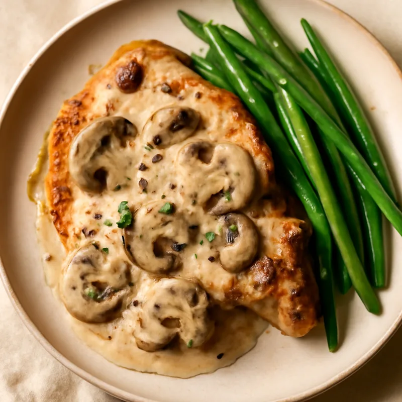 Creamy Mushroom Smothered Pork Chops With Green Beans