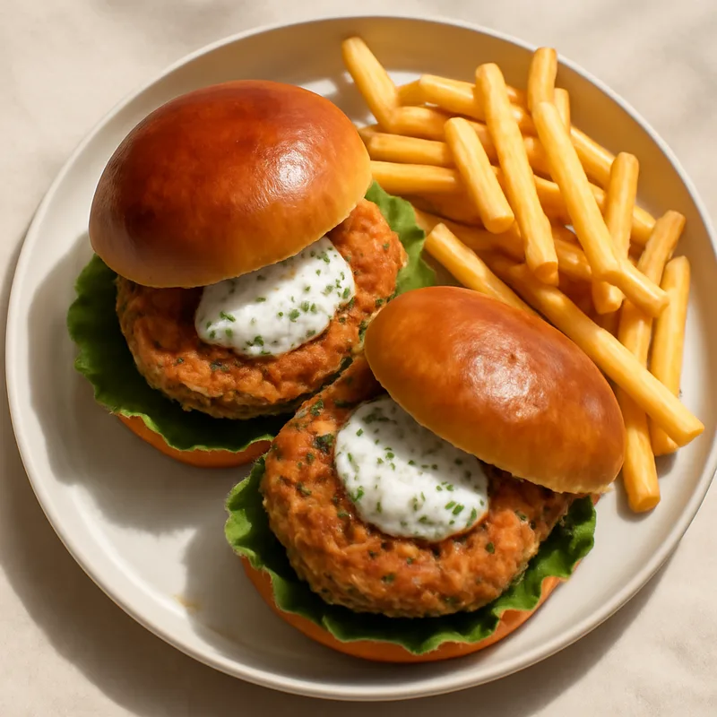 Crispy Salmon Patty Sandwiches With Herb Mayo And Fries