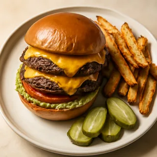 Diner Double Cheeseburgers With Skillet Fries And Pickles