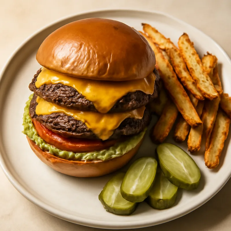 Diner Double Cheeseburgers With Skillet Fries And Pickles