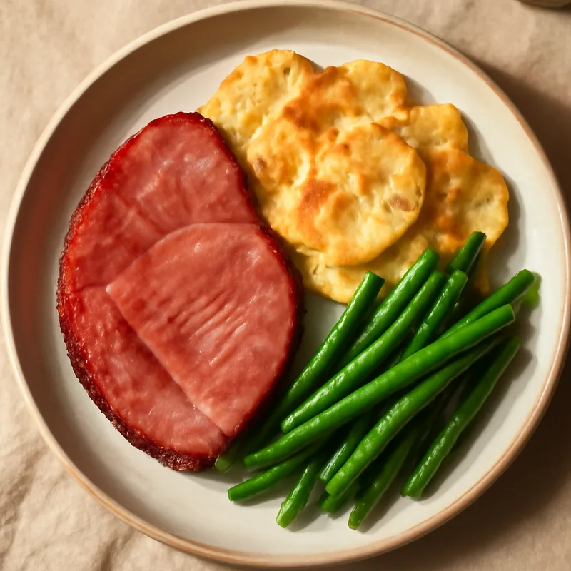Farmhouse Ham Steak With Scalloped Potatoes And Green Beans