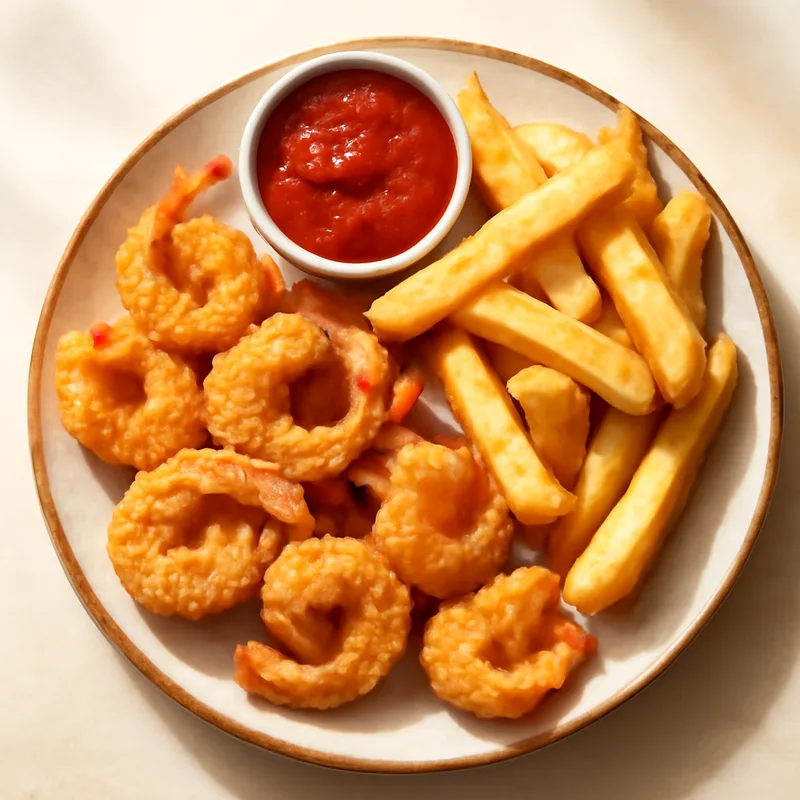 Fried Shrimp Platter With Cocktail Sauce And Steak Fries