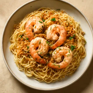 Garlic Shrimp And Angel Hair With Buttered Bread Crumbs