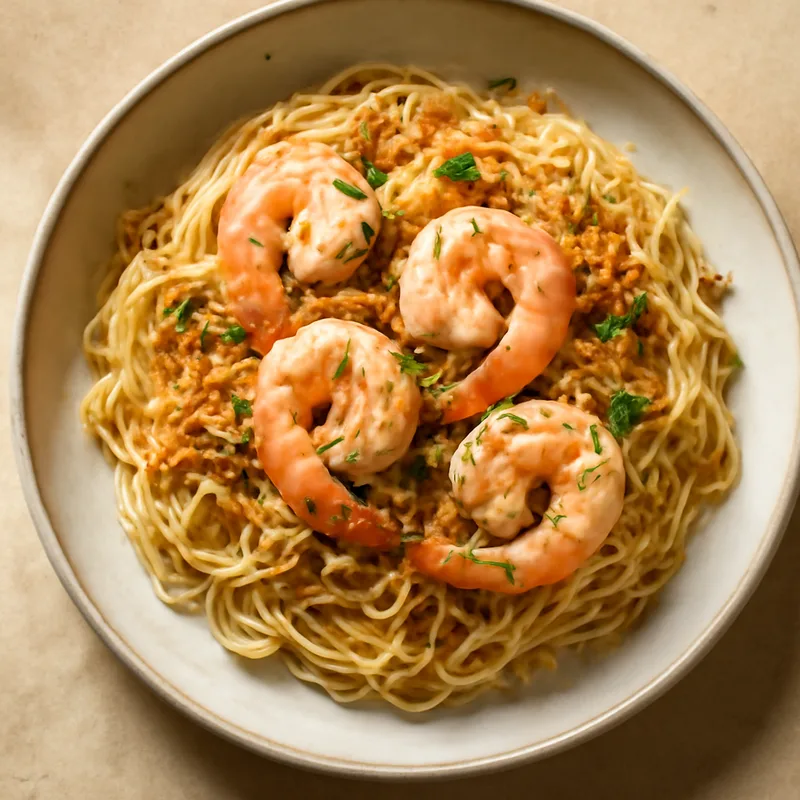 Garlic Shrimp And Angel Hair With Buttered Bread Crumbs