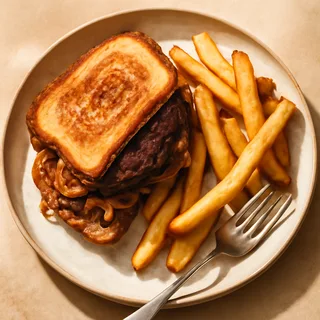 Griddled Patty Melts With Onions And Steak Fries