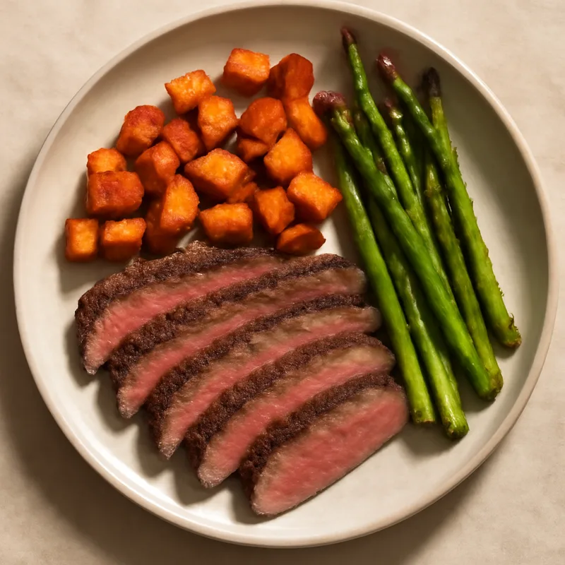Grilled Flank Steak With Roasted Sweet Potatoes And Asparagus