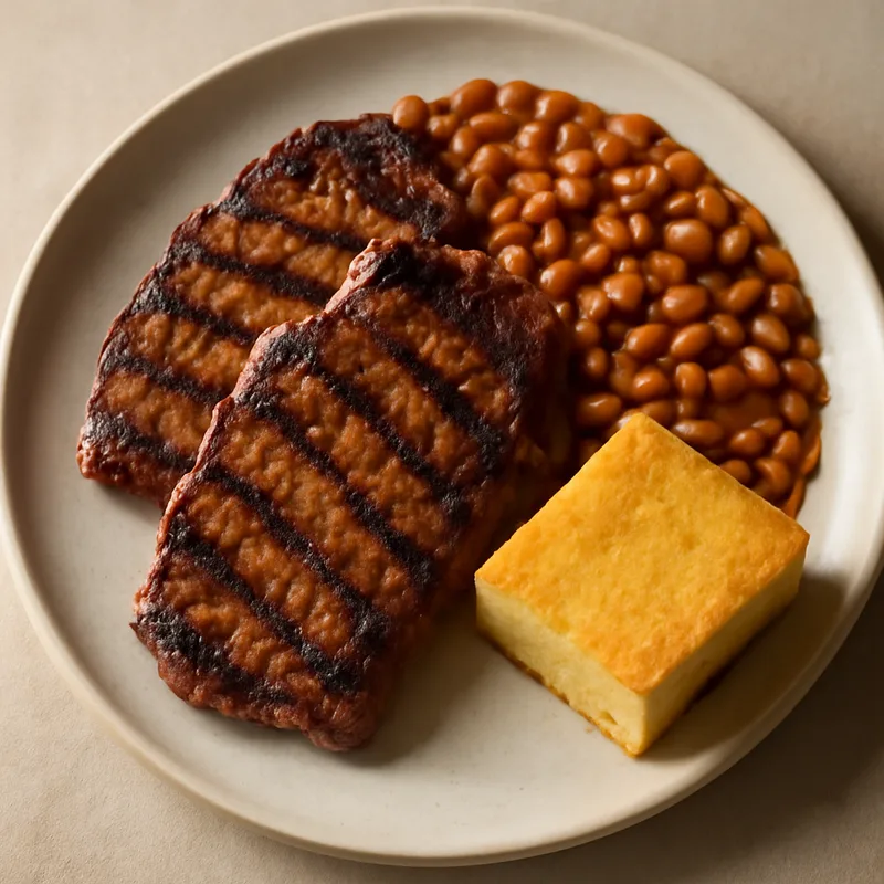 Grilled Pork Steaks With Baked Beans And Cornbread