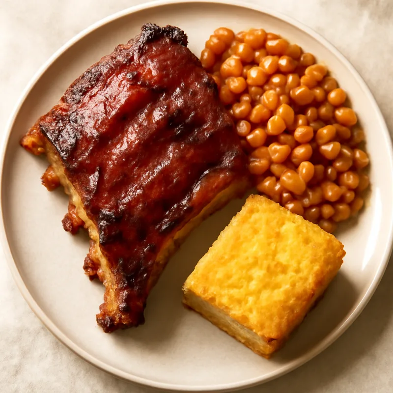 Half Rack Barbecue Ribs With Baked Beans And Cornbread