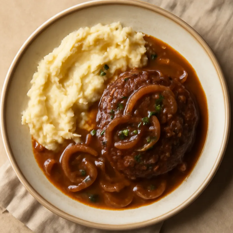 Hamburger Steaks With Onion Gravy And Mashed Potatoes