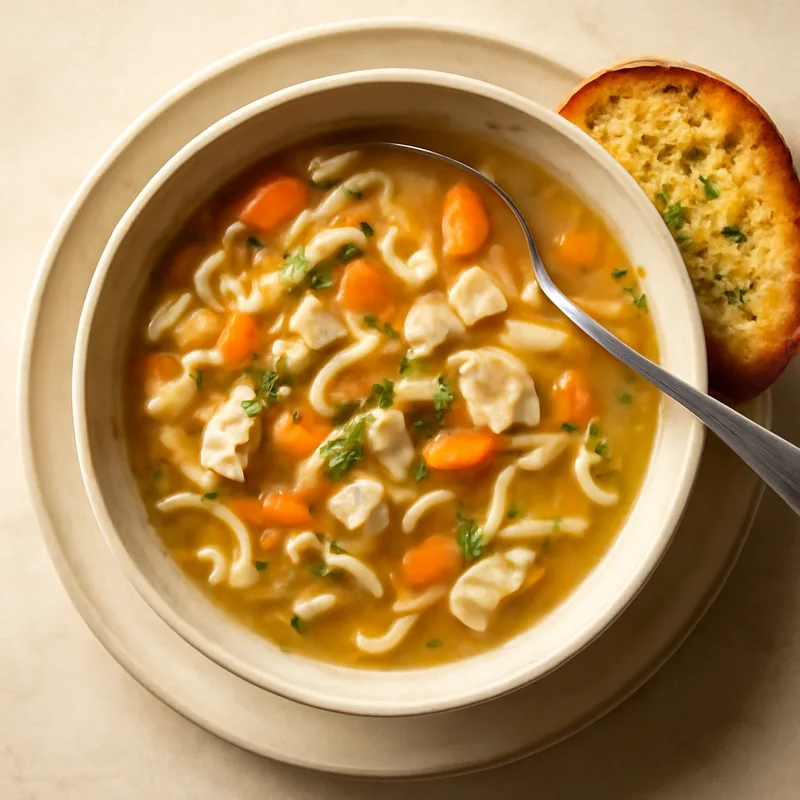 Homestyle Turkey Noodle Soup With Garlic Bread