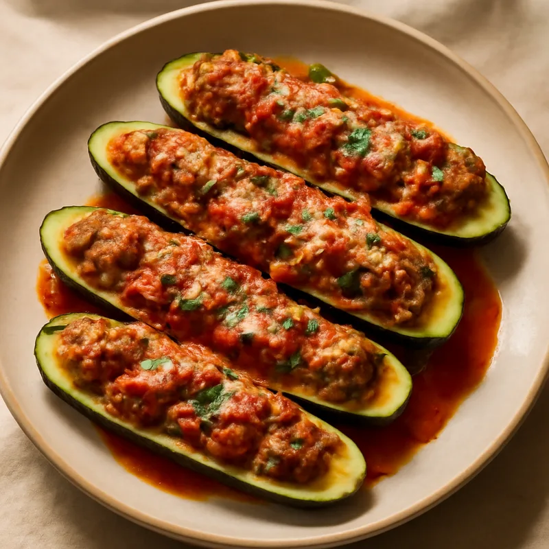 Italian Sausage Stuffed Zucchini Boats With Marinara