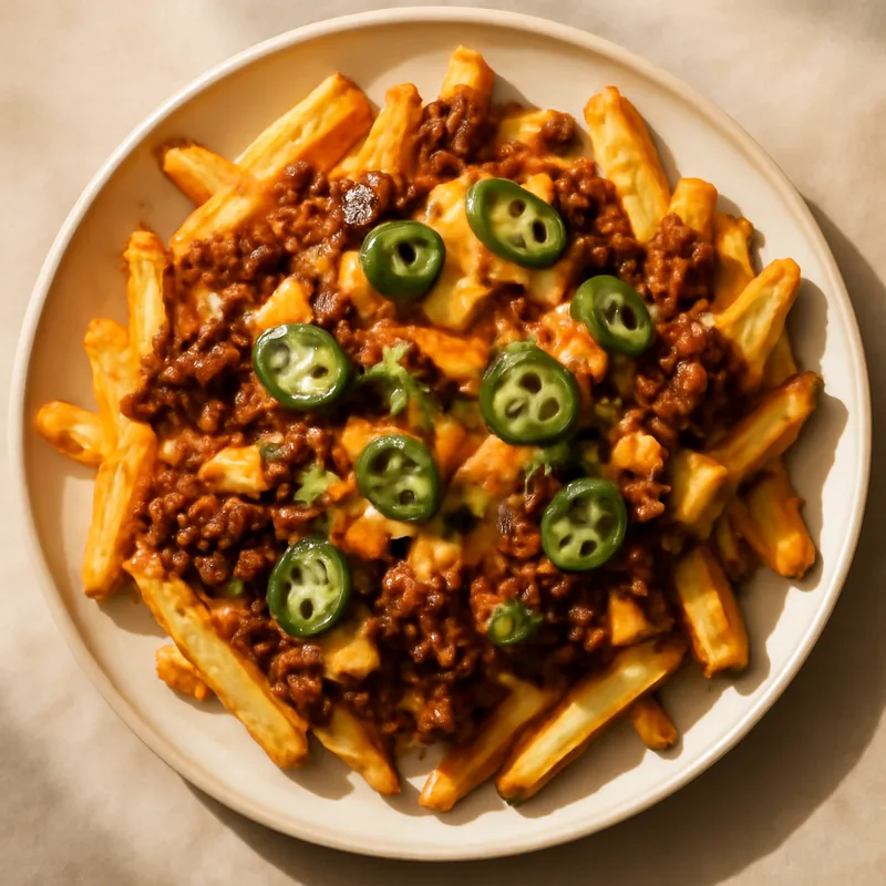 Loaded Chili Cheese Fries With Ground Beef And Jalapenos