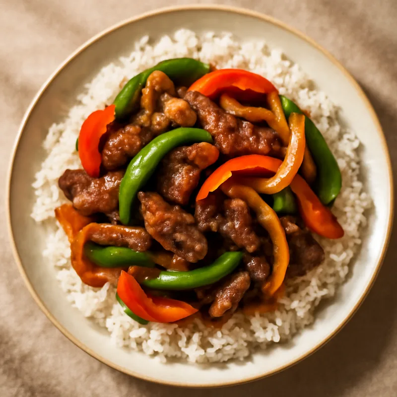 Pepper Steak Stir-Fry With Onions Over Rice