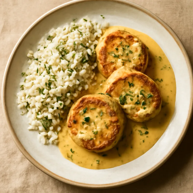 Pork Medallions With Mustard Cream Sauce And Rice Pilaf