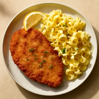 Pork Schnitzel With Buttered Noodles And Lemon