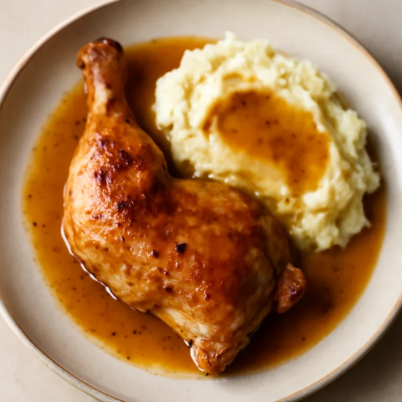 Roast Chicken Quarters With Pan Gravy And Mashed Potatoes