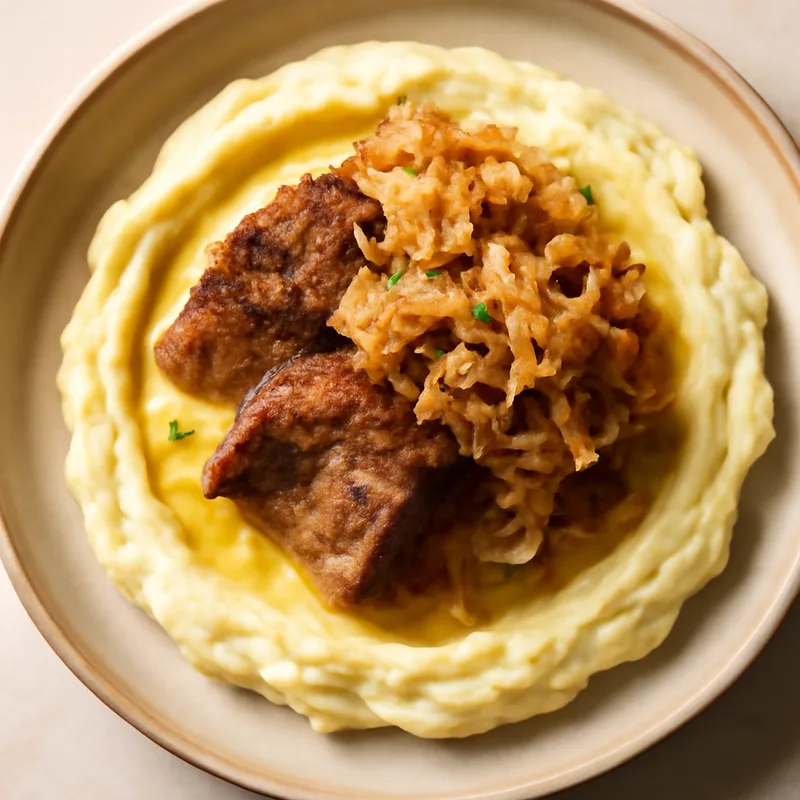 Roast Pork And Sauerkraut Over Buttered Mashed Potatoes
