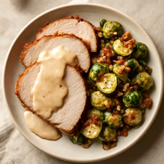 Roast Pork Loin With Bacon Brussels Sprouts And Cream Gravy