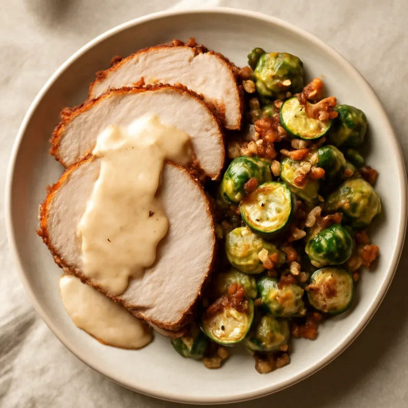 Roast Pork Loin With Bacon Brussels Sprouts And Cream Gravy