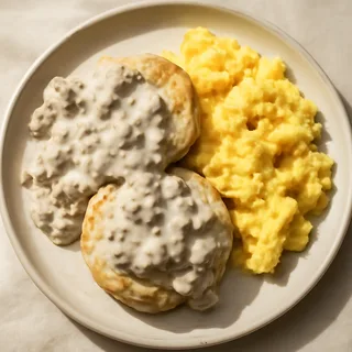 Sausage Gravy Biscuits With Soft Scrambled Eggs