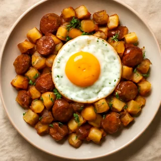 Sausage, Potato And Fried Egg Dinner Hash