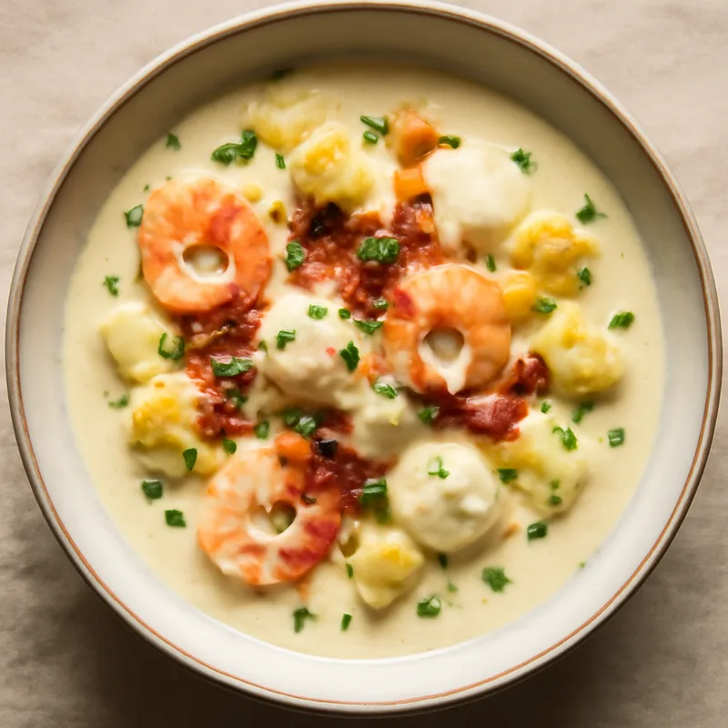 Seafood Chowder With Bacon, Cauliflower And Heavy Cream