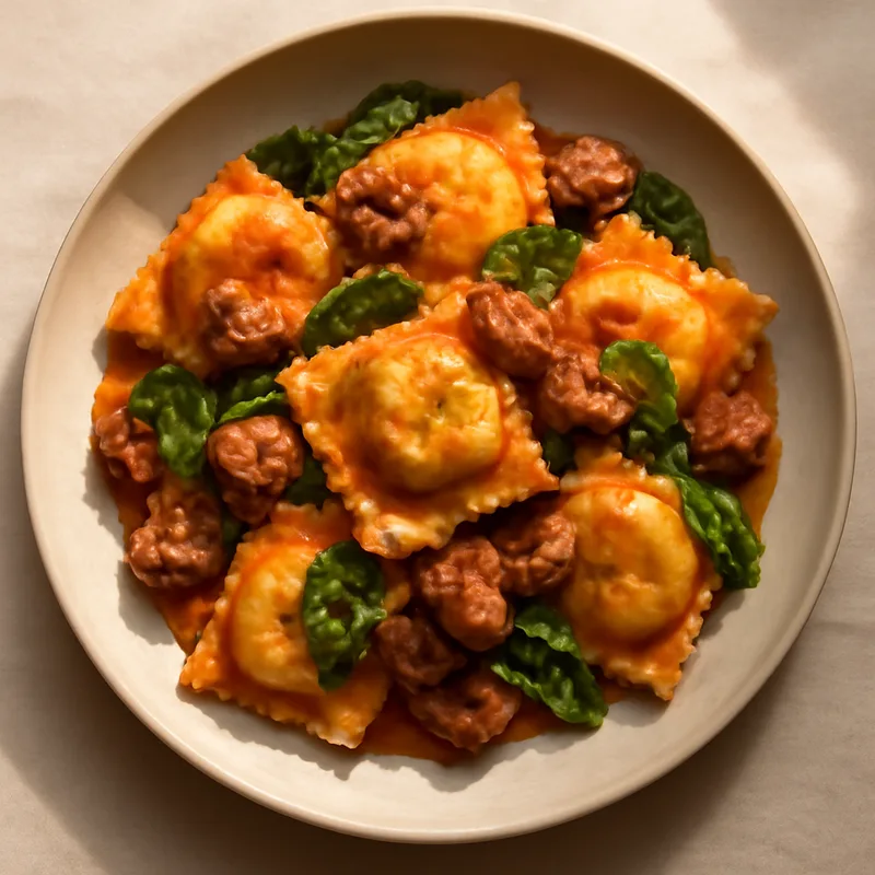 Skillet Cheese Ravioli With Italian Sausage And Spinach