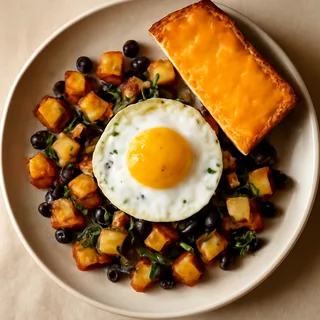 Skillet Egg And Potato Hash With Black Beans And Cheddar Toast