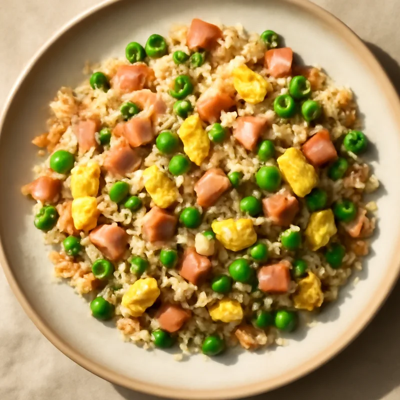 Skillet Ham Fried Rice With Peas And Scrambled Egg