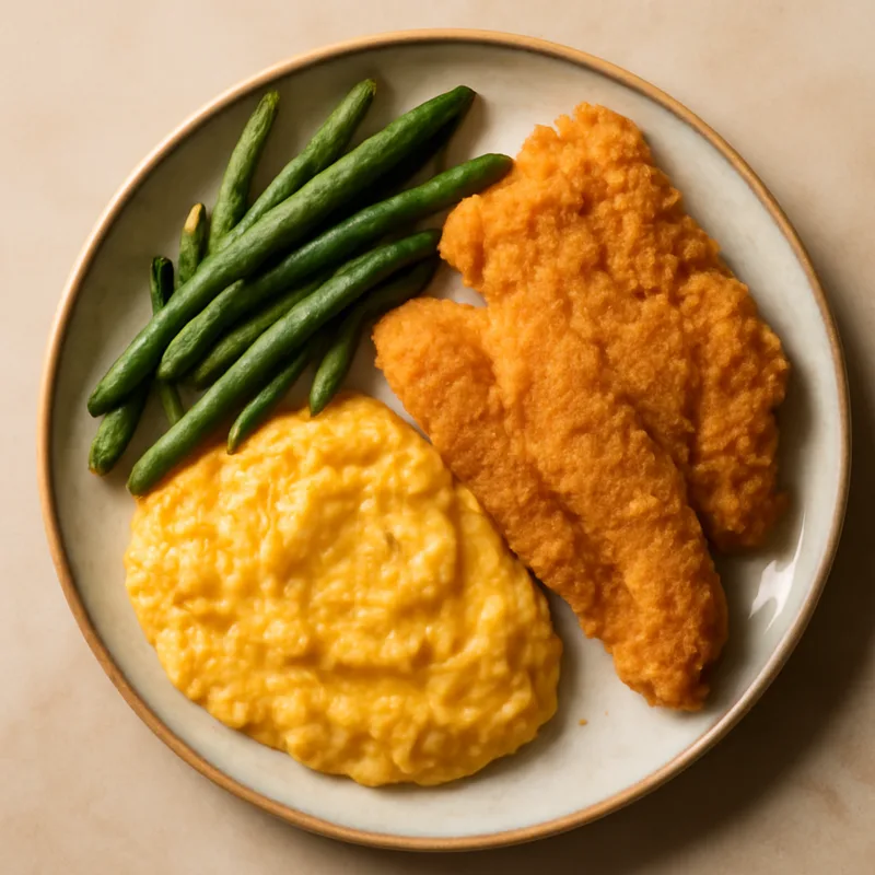 Southern Fried Fish Plate With Cheese Grits And Green Beans