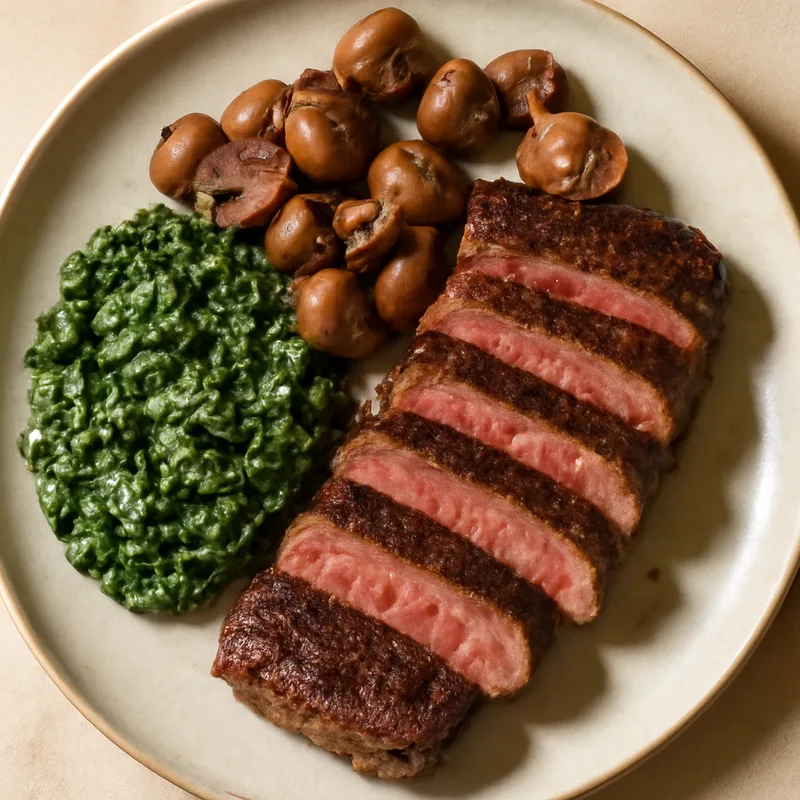 Strip Steak With Creamed Spinach And Skillet Mushrooms