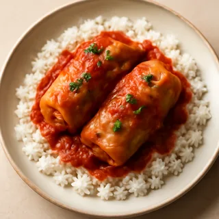 Stuffed Cabbage Rolls In Tomato Sauce Over Rice