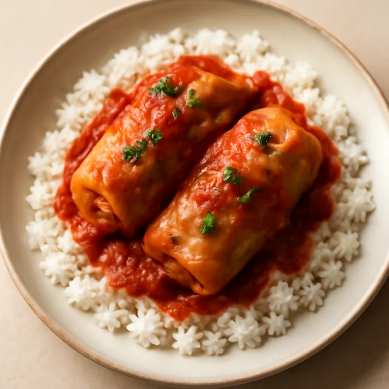 Stuffed Cabbage Rolls In Tomato Sauce Over Rice