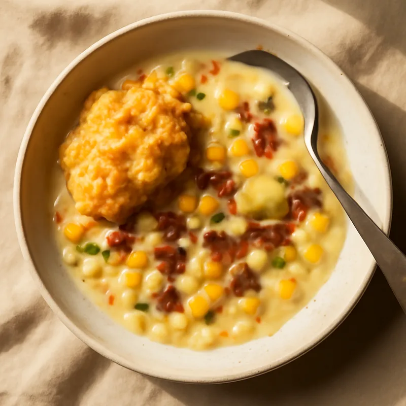 Sweet Corn And Bacon Chowder With Cheddar Drop Biscuits