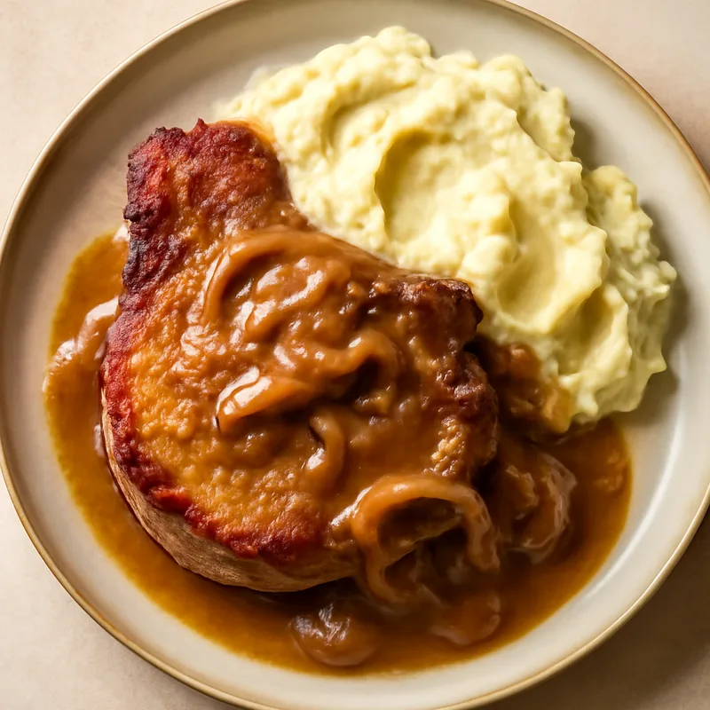 Thick-Cut Pork Chops With Onion Gravy And Mashed Potatoes