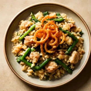 Turkey And Green Bean Rice Casserole With Crispy Onions