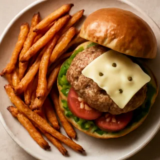 Turkey Burgers With Swiss And Sweet Potato Fries