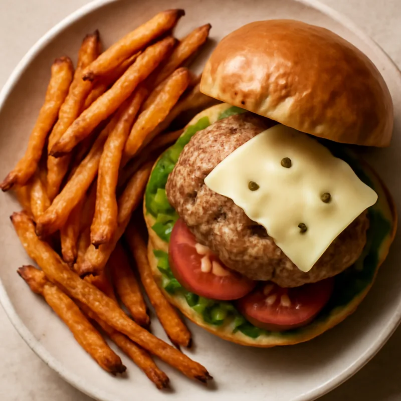 Turkey Burgers With Swiss And Sweet Potato Fries