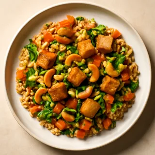 Vegetable Fried Rice With Crispy Tofu And Cashews