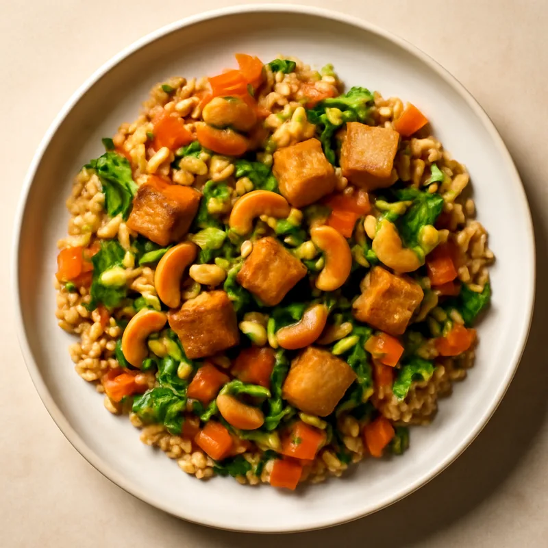 Vegetable Fried Rice With Crispy Tofu And Cashews