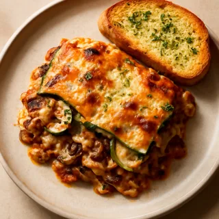 Zucchini And Mushroom Lasagna With Garlic Bread